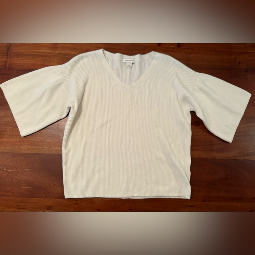 Club Monaco Womens White Beige V Neck Short Wide sleeve Ribbed Knit Sweater Sz L